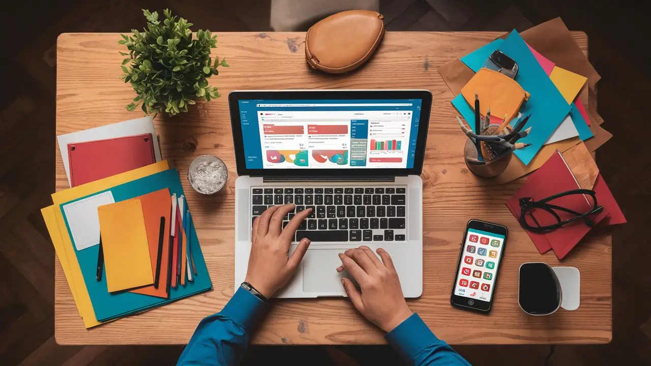 Escritório com laptop exibindo gráficos sociais, papéis e smartphone com ícones de mídia social.