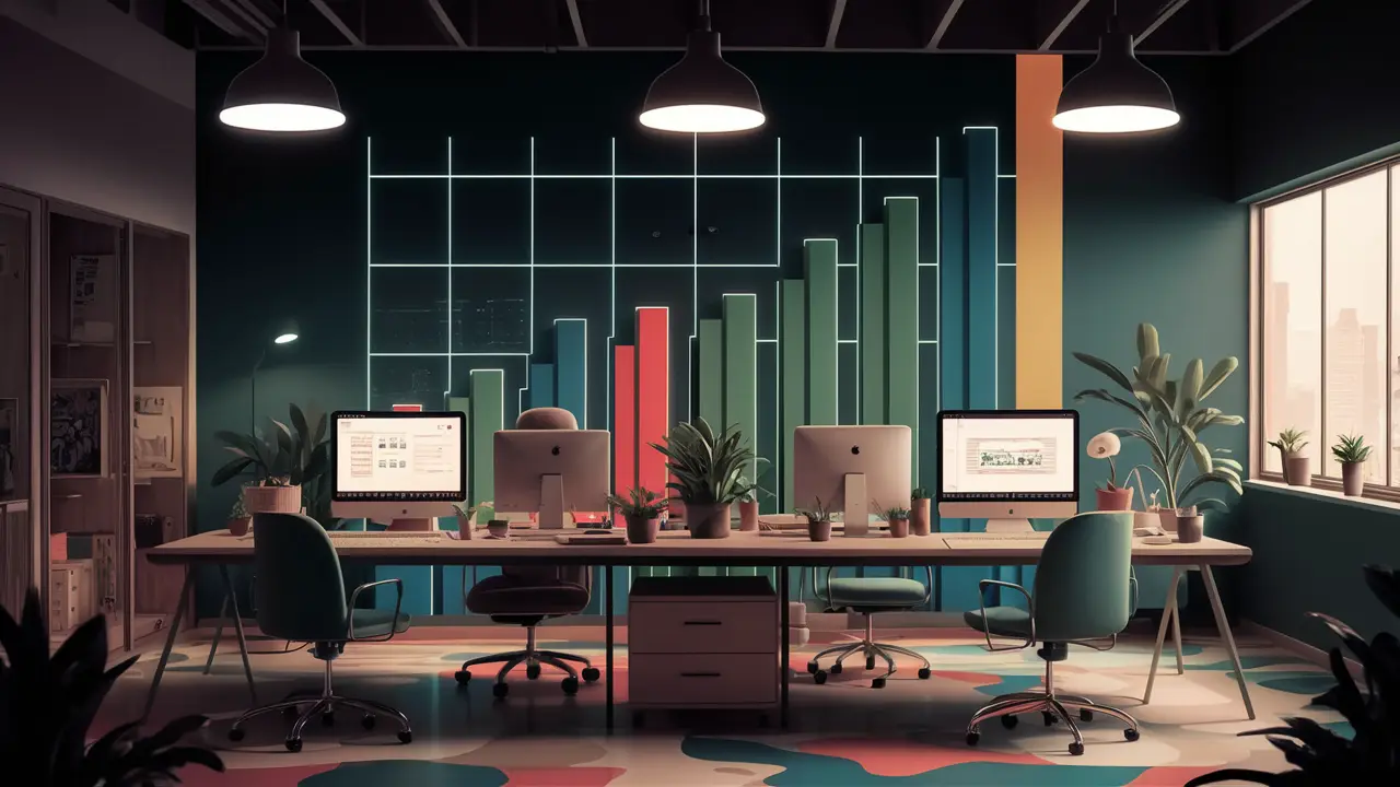 Gráfico de barras coloridas em escritório moderno com computadores mostrando aumento de engajamento digital.