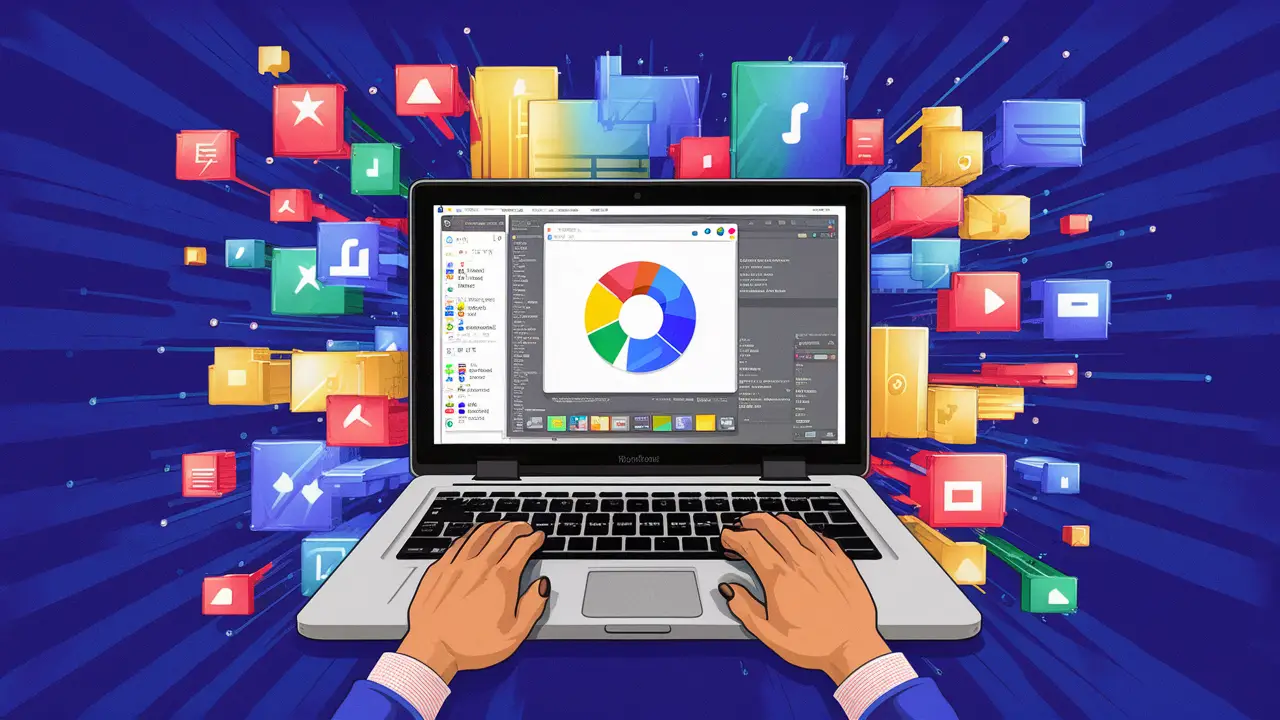 Laptop com tela do Google Workspace e ícones de aplicativos encaixando-se como peças de quebra-cabeça.