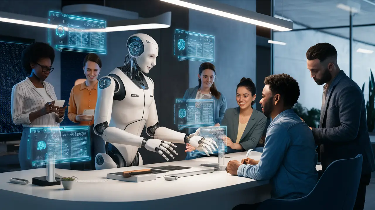 Robô humanoide personalizando atendimento ao cliente com hologramas em escritório moderno iluminado.