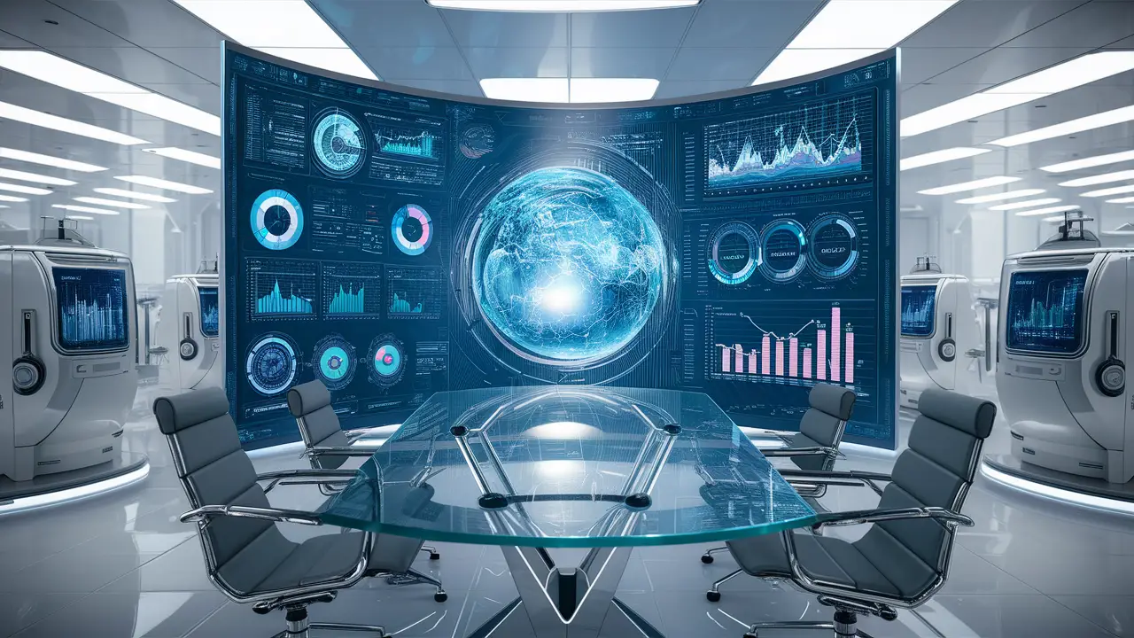 Escritório futurista com tela digital exibindo visualizações de dados e máquinas de IA ao redor.