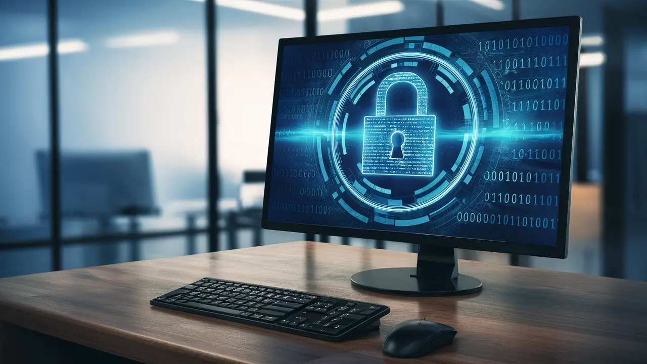Monitor de computador com ícone de cadeado digital azul no centro, cercado por código binário em fluxo no fundo.