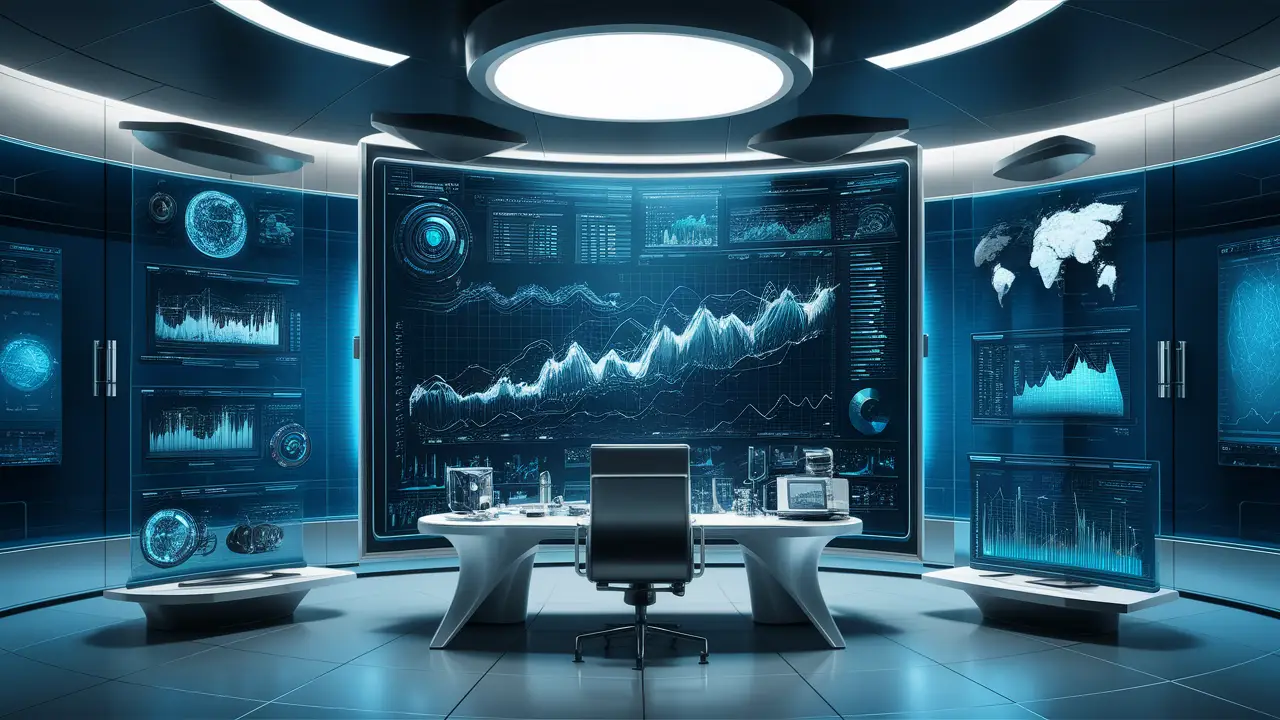Escritório futurista com tela digital mostrando gráficos complexos e dispositivos de previsão de tendências de mercado.