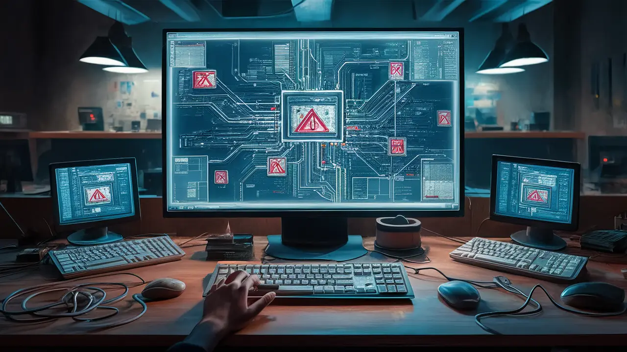 Tela de computador com mapa de rede complexo e sinais de alerta em um escritório escuro.