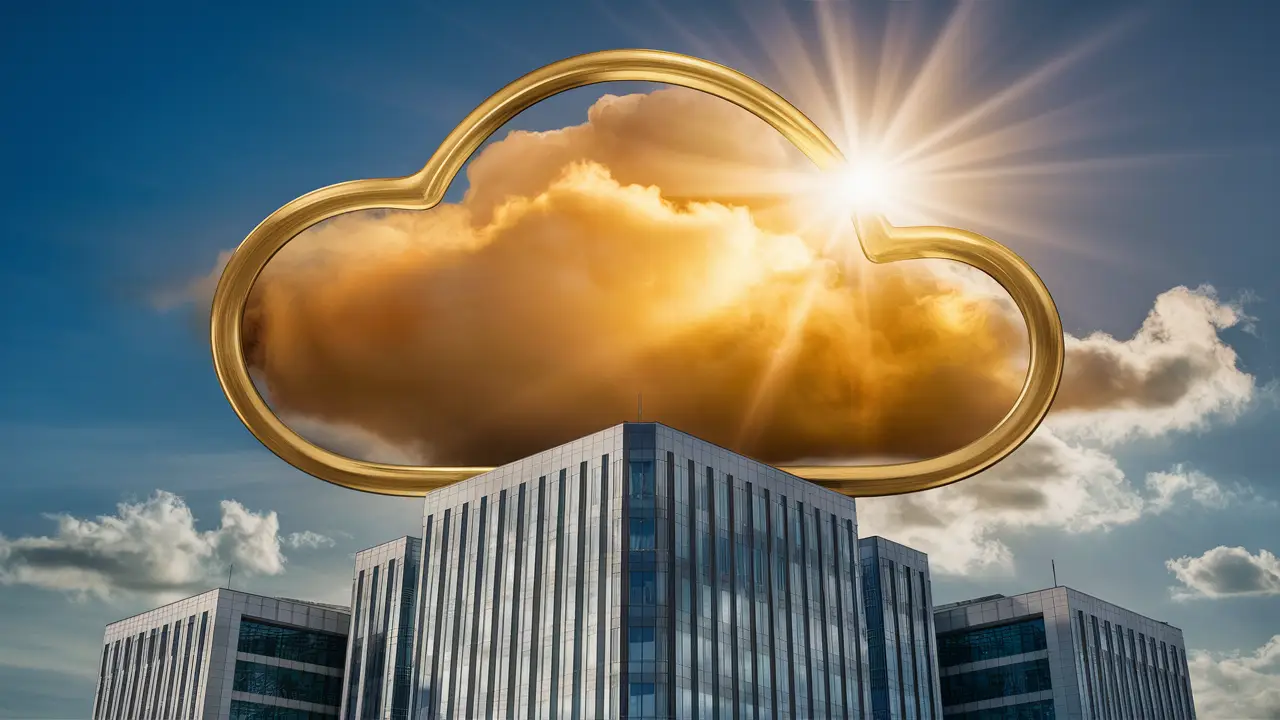 Nuvem dourada em forma de escudo sobre edifício moderno, refletindo luz solar com brilho metálico.