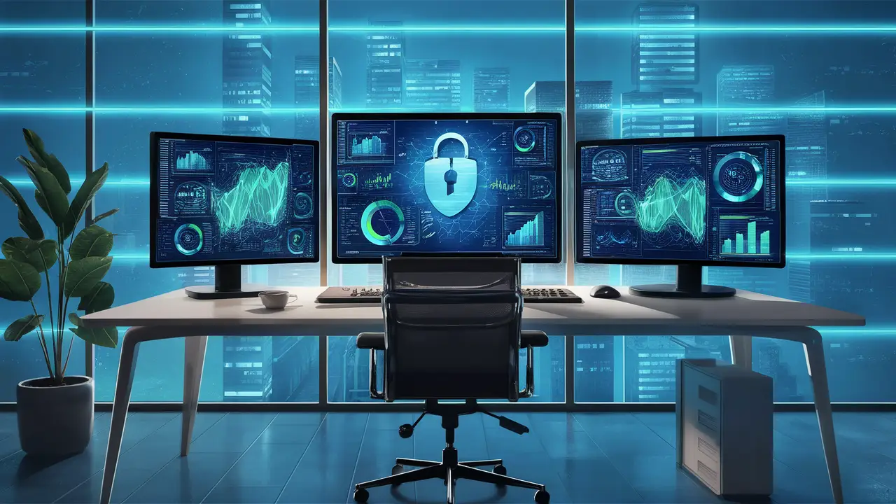 Escritório digital com três monitores exibindo gráficos de cibersegurança em azul e verde, planta em vaso e cadeira giratória.