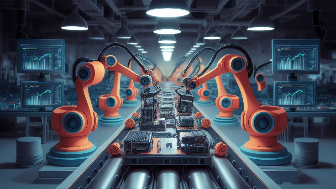 Fábrica futurista com braços robóticos montando componentes eletrônicos em esteira.