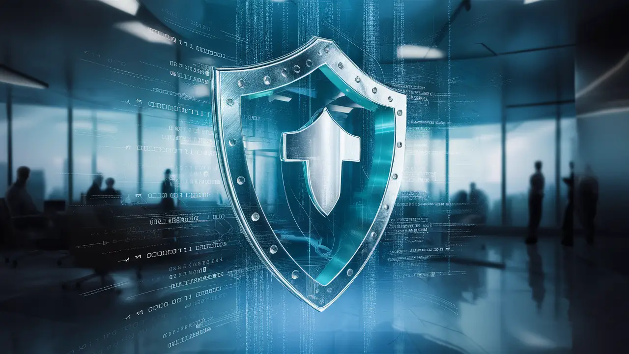 Escudo digital transparente em escritório corporativo com código binário flutuante ao redor.