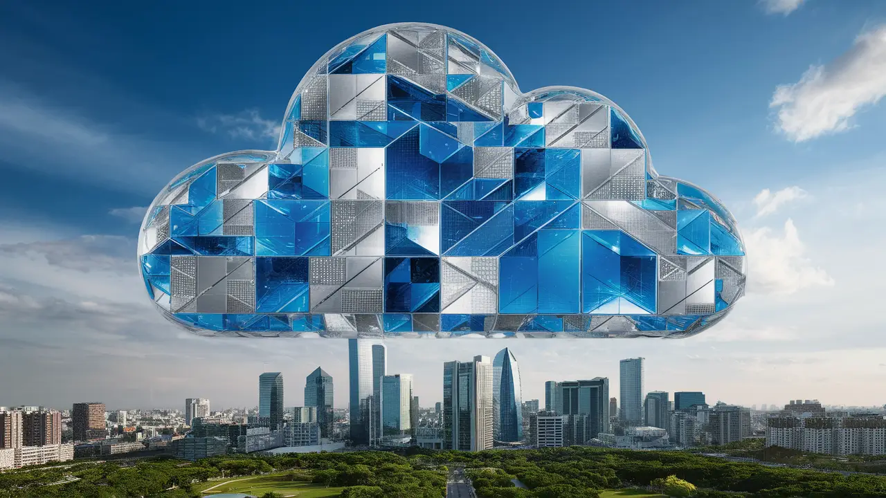 Nuvem digital transparente feita de blocos geométricos flutuando sobre uma cidade moderna com arranha-céus.