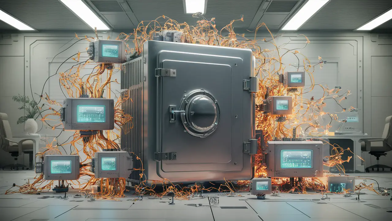 Cofre digital seguro cercado por redes de computadores com nós brilhantes em escritório futurista.