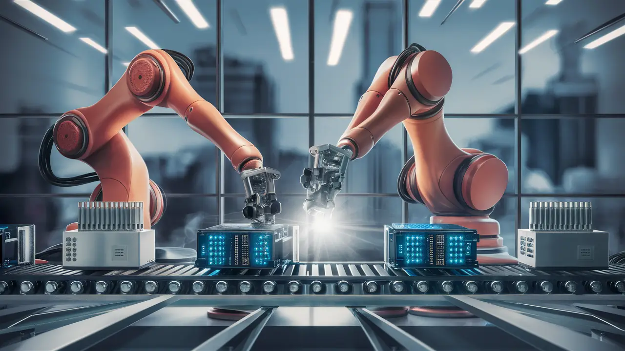 Um braço robótico monta dispositivos eletrônicos em uma esteira em um escritório moderno com janelas grandes ao fundo.