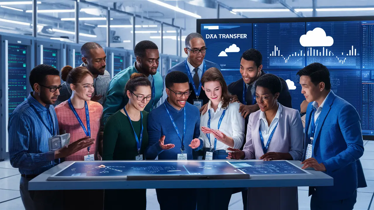 Profissionais de TI discutem migração segura em data center com servidor e gráfico de transferência na tela.