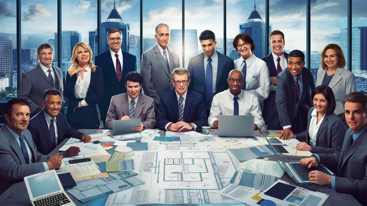 Profissionais discutindo planos empresariais em mesa de conferência com documentos e laptops em escritório moderno.