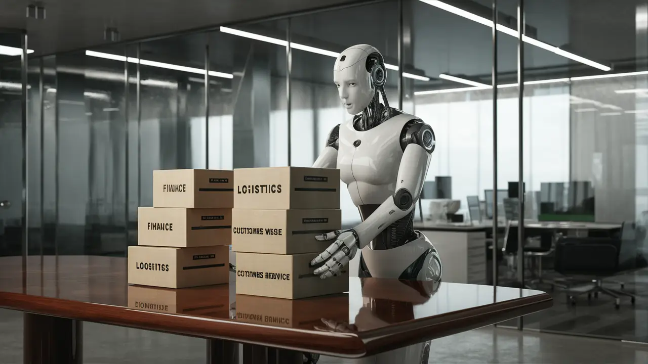 Robô humanoide organizando caixas de finanças, logística e atendimento ao cliente em mesa de madeira.