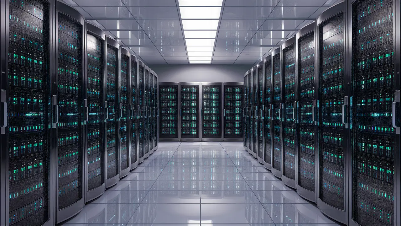 Data center moderno com racks de servidores iluminados por luzes LED azuis em piso branco polido.