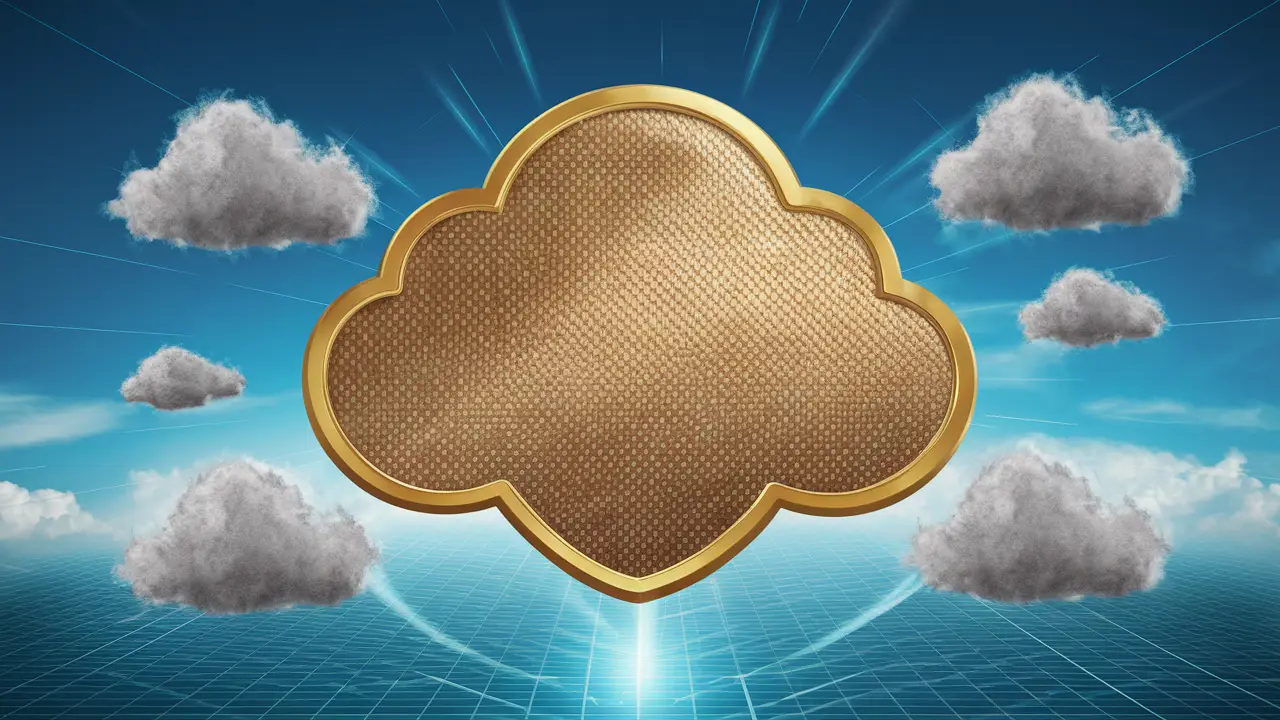 Escudo dourado em forma de nuvem no céu azul, cercado por nuvens prateadas menores e um padrão de grade digital.