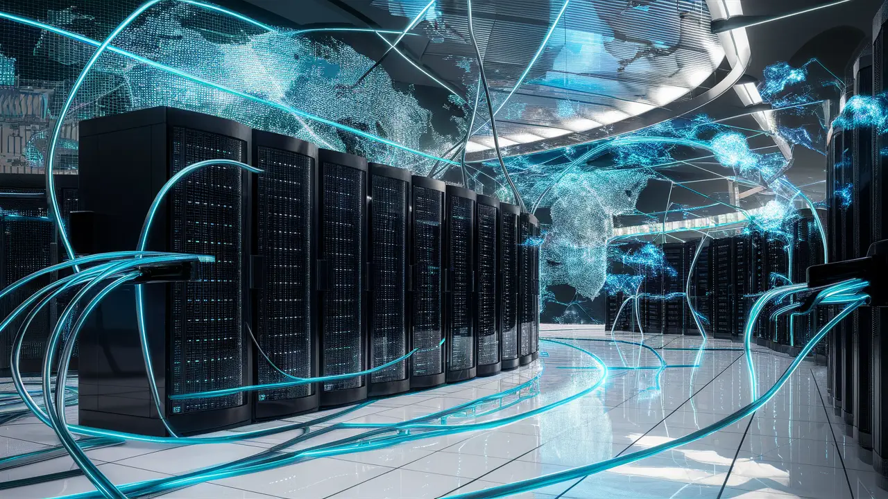 Centro de dados futurista com servidores pretos e hologramas azuis de redes em um ambiente moderno.