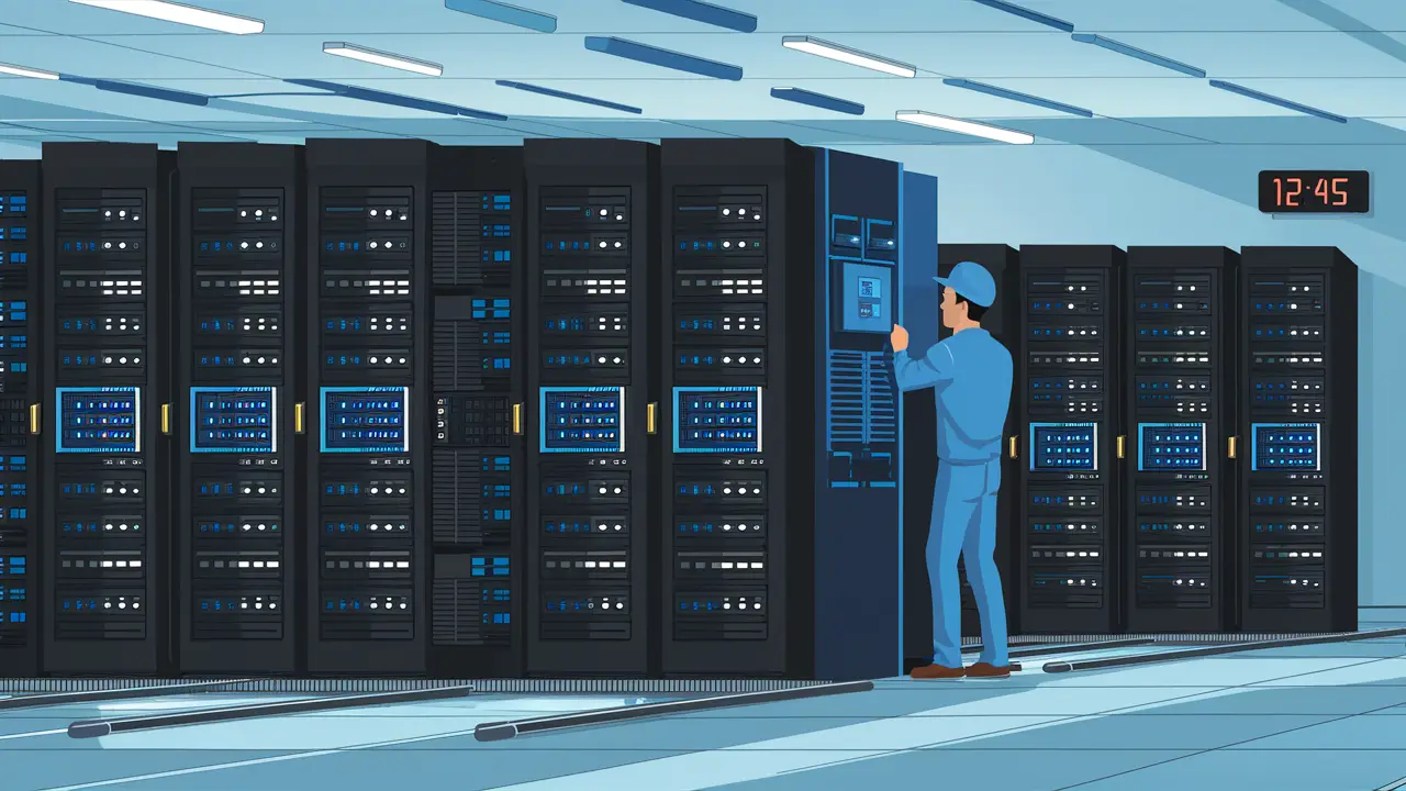 Técnico de uniforme azul verifica painel em sala de servidores modernos com luzes LED azuis e relógio digital marcando 12:45.