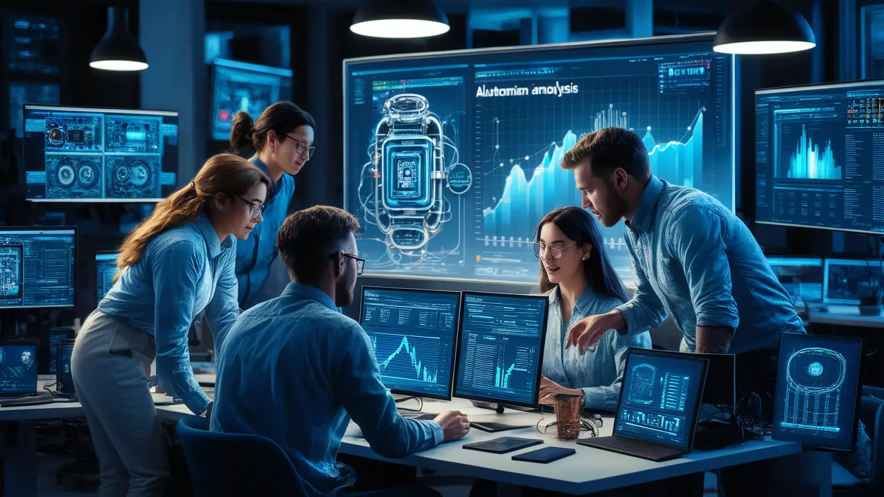 Engenheiros monitoram telas com processos de automação com IA em um escritório moderno.