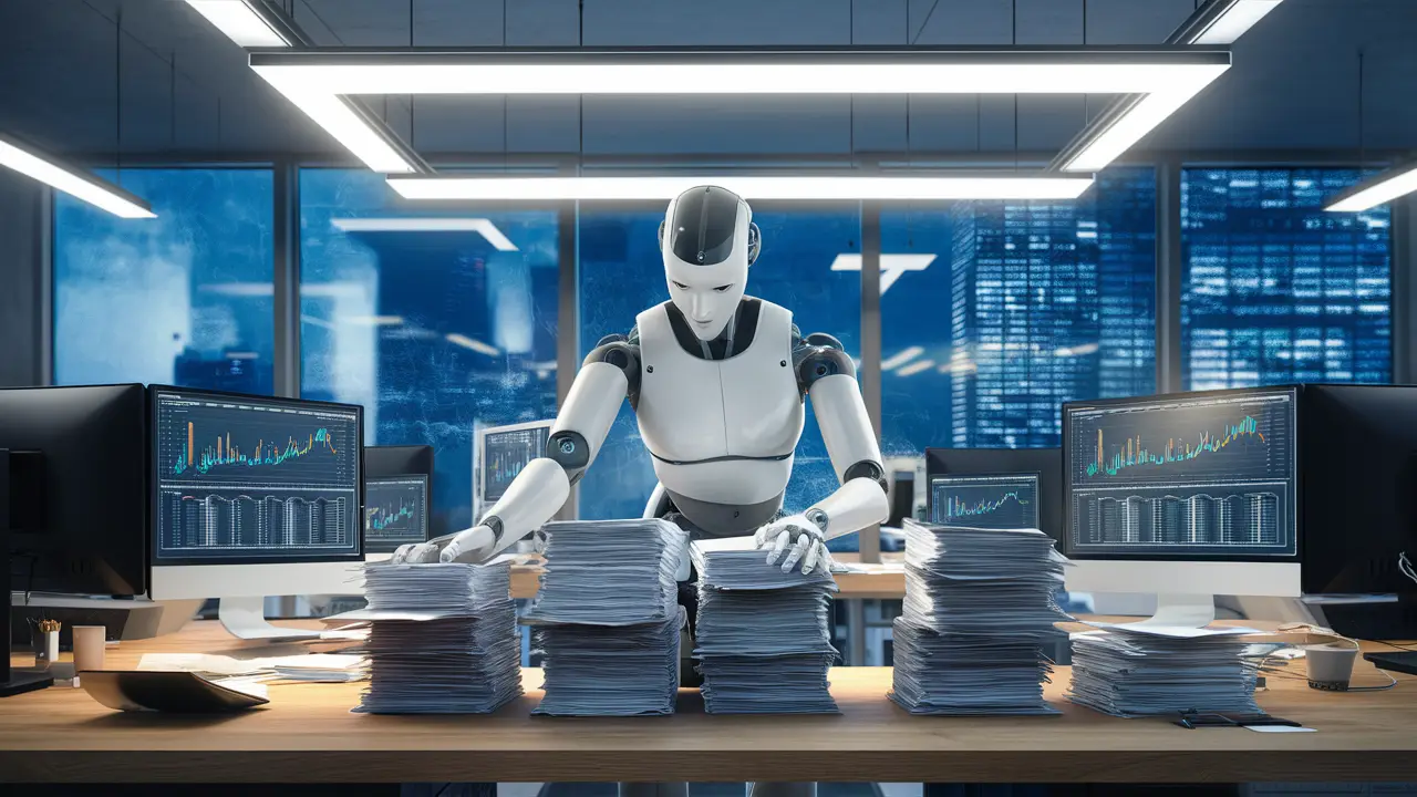 Robô humanóide organizando papéis em uma mesa de escritório com monitores de dados e vista urbana pela janela.
