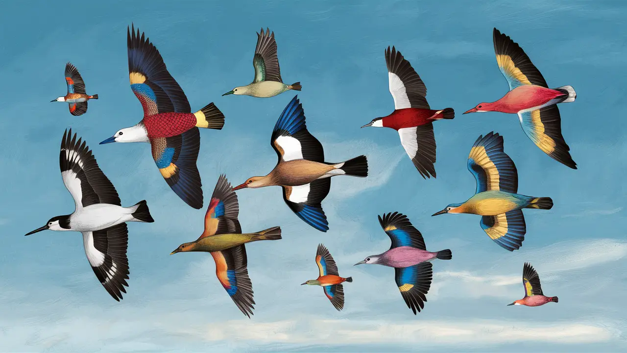 Grupo de pássaros migratórios coloridos voando em um céu azul claro com penas vibrantes e tamanhos variados.