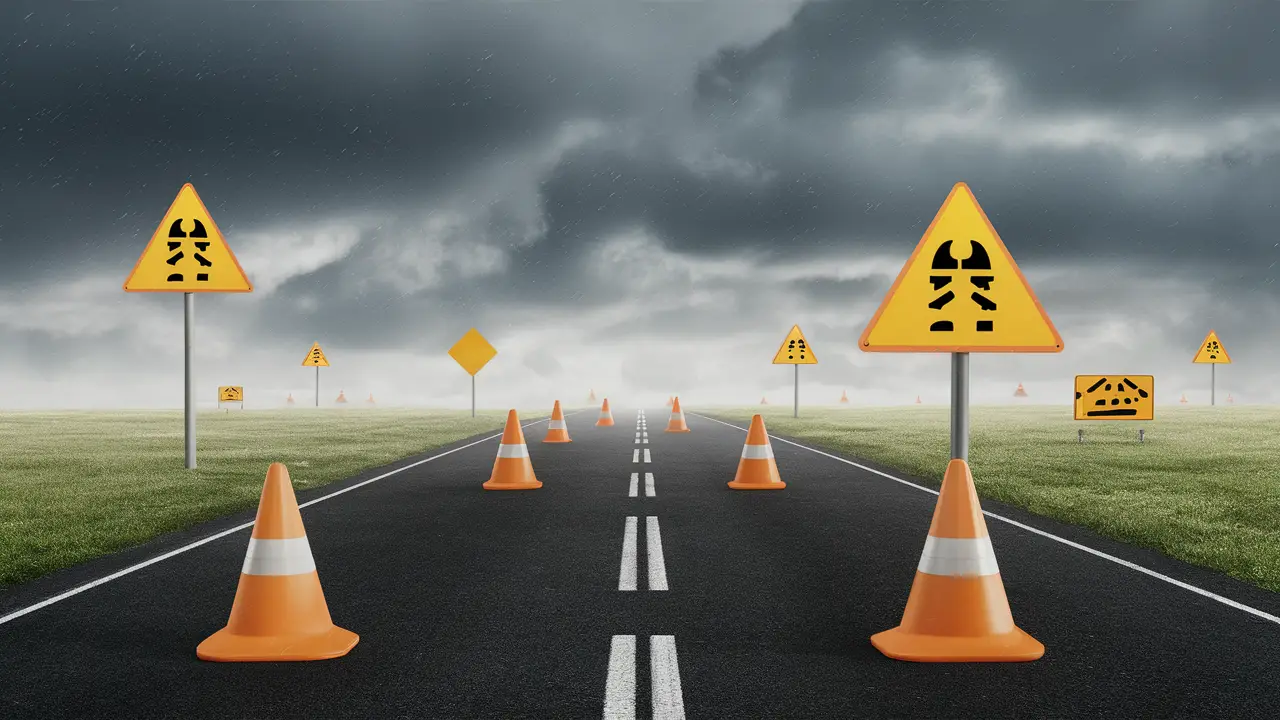 Estrada com cones de trânsito, sinais de alerta amarelo e buracos sob céu nublado.