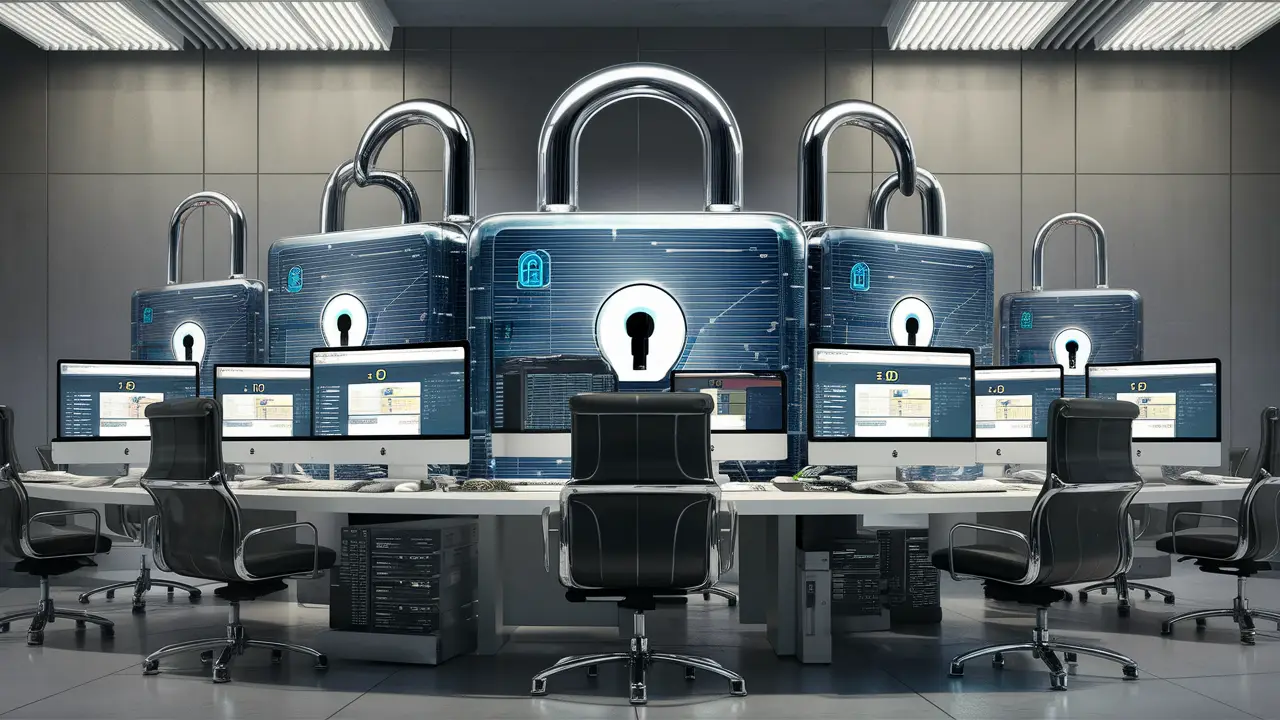 Computadores em mesa de escritório exibindo interfaces de software de segurança com cadeados digitais ao redor.