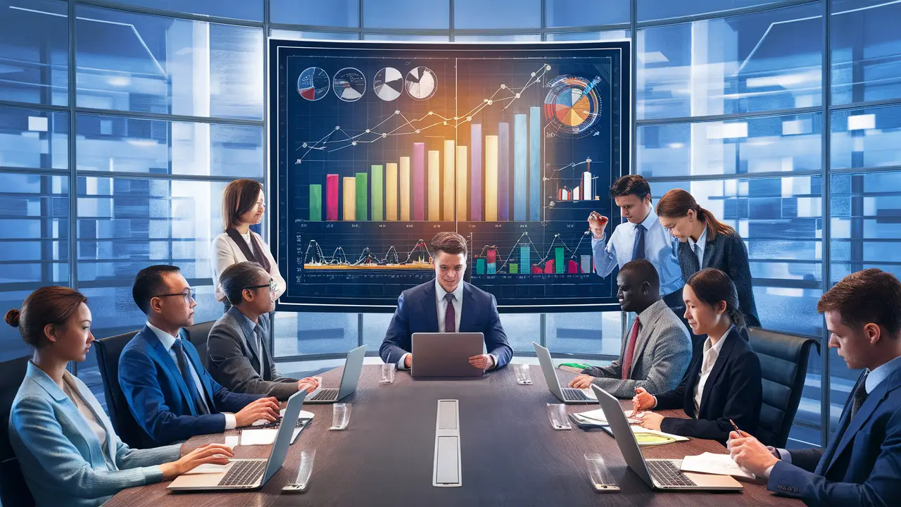 Profissionais colaborando em uma mesa de conferência com gráficos de BI em uma tela digital na parede.