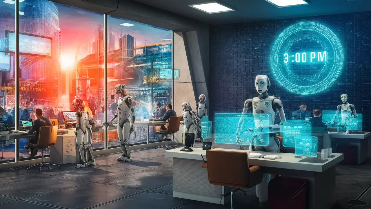 Robôs em um escritório futurista assistindo humanos com telas holográficas e cidade ao fundo.