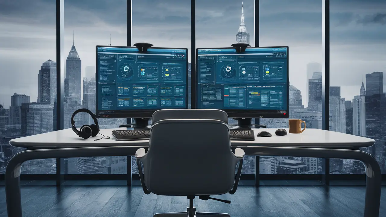 Ambiente de escritório moderno com mesa elegante, computador de dois monitores exibindo painéis de suporte técnico.