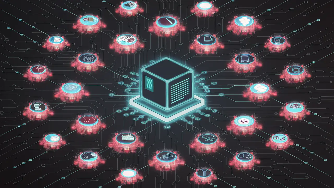Ícones digitais de ameaças cibernéticas em torno de um ponto de extremidade de computador em um fundo escuro com padrões de circuito.
