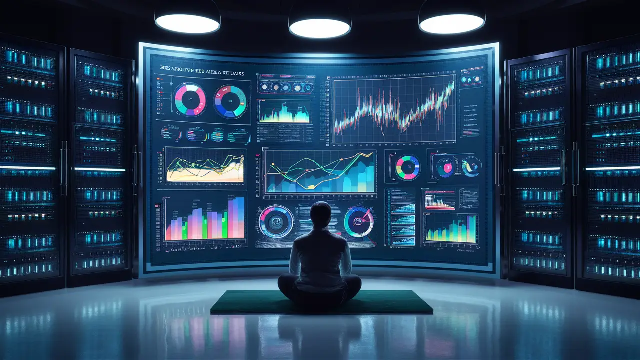 Painel digital grande com gráficos coloridos em uma tela de alta resolução, cercado por ferramentas analíticas e servidores de dados.