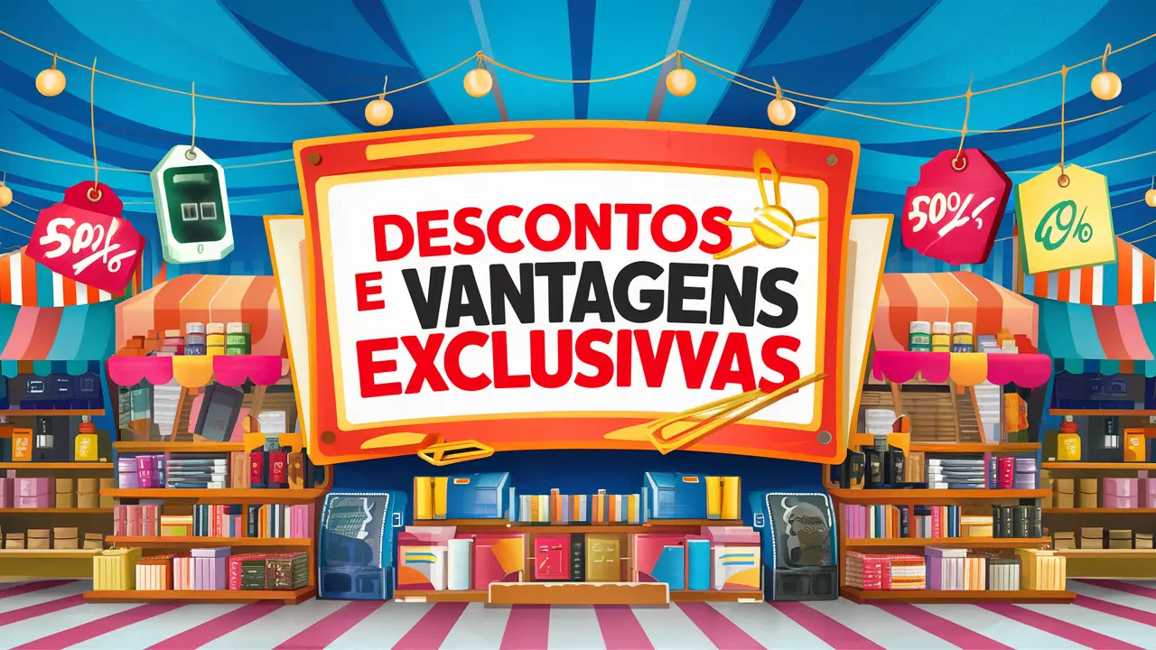 Mercado com sinal 'Descontos e Vantagens Exclusivas', etiquetas coloridas, produtos como eletrônicos, livros e roupas.