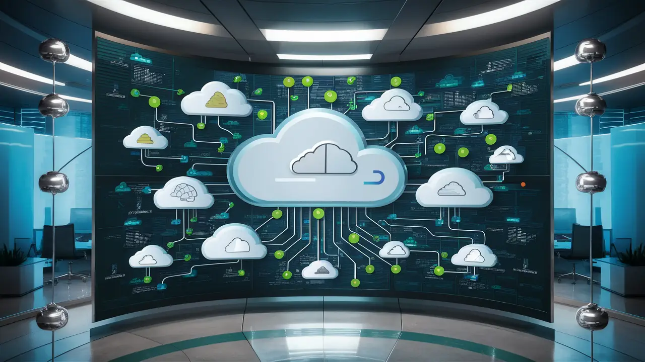 Parede digital mostrando ícones de nuvem interconectados e servidores em um escritório moderno.