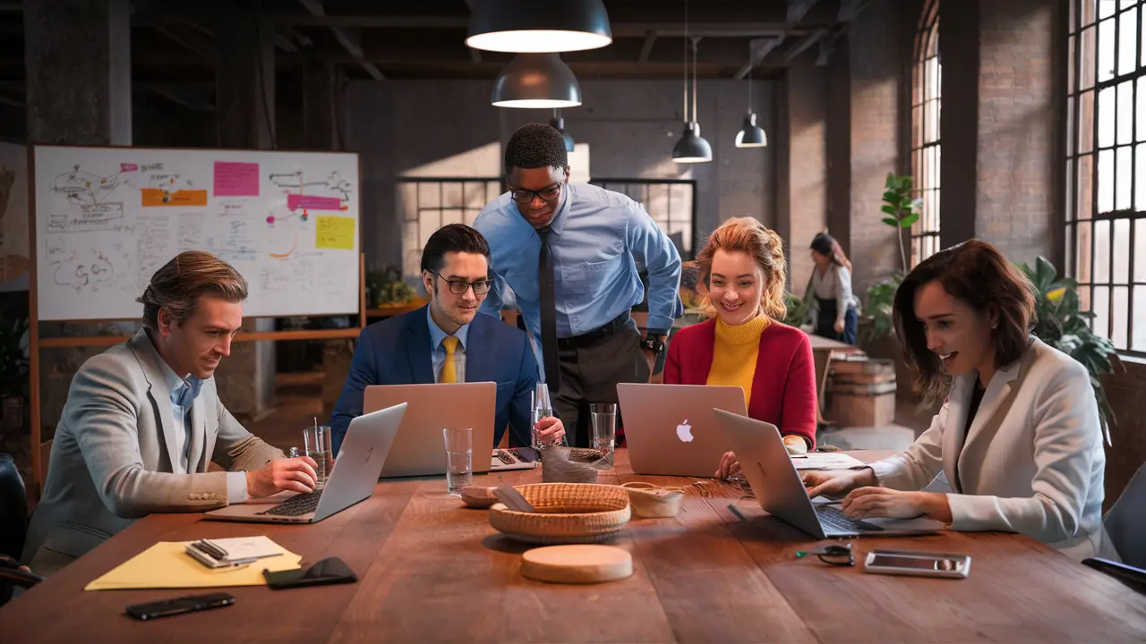 Equipe diversa de quatro profissionais colabora em mesa de madeira, usando laptops, com janela grande ao fundo.