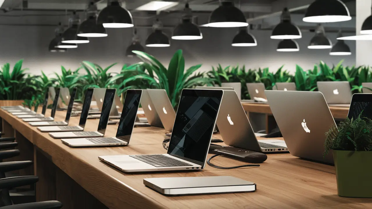 Escritório moderno com laptops prateados em mesas de madeira e plantas verdes ao redor.