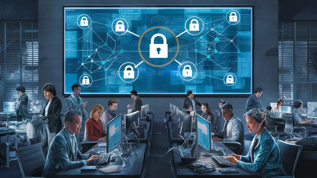 Mapa digital de rede com ícones de cadeado em um escritório moderno com funcionários trabalhando em computadores.