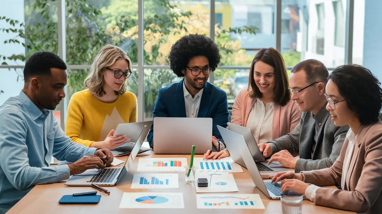 Equipe diversa colaborando em torno de mesa de conferência com laptops, gráficos e janelas grandes ao fundo.