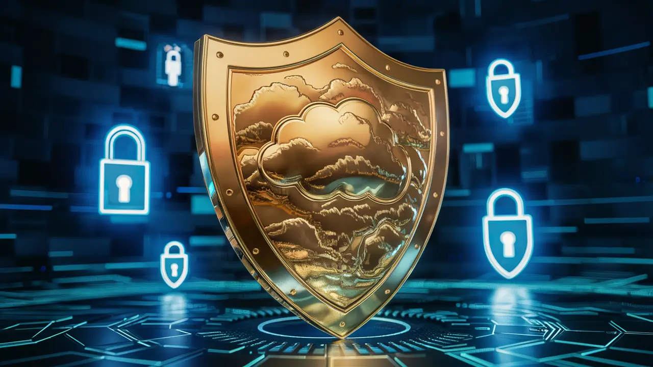 Escudo dourado em primeiro plano com ícones de segurança em fundo digital.