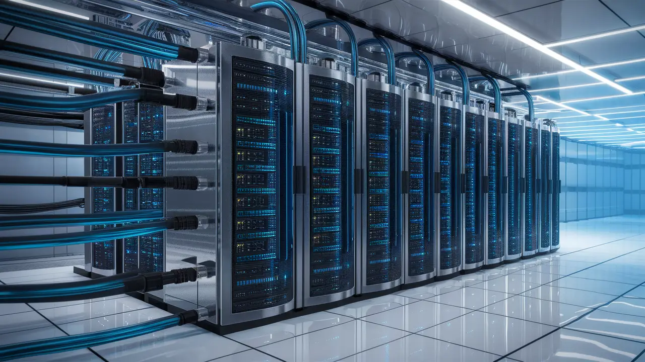 Servidor moderno com fileiras de servidores metálicos e cabos de fibra óptica em sala de tecnologia avançada.