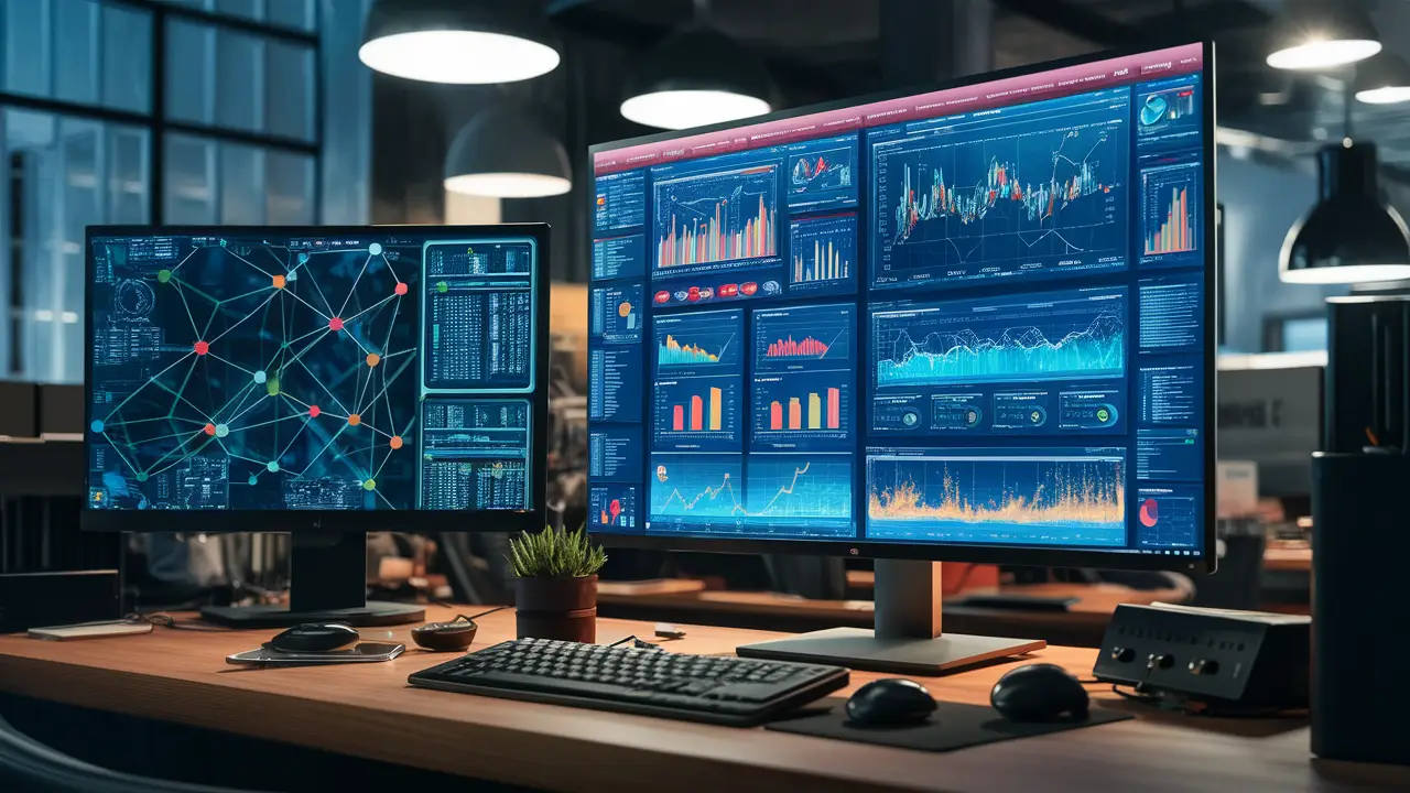 Tela de computador com painel de controle colorido e monitor com rede de dados em escritório moderno.