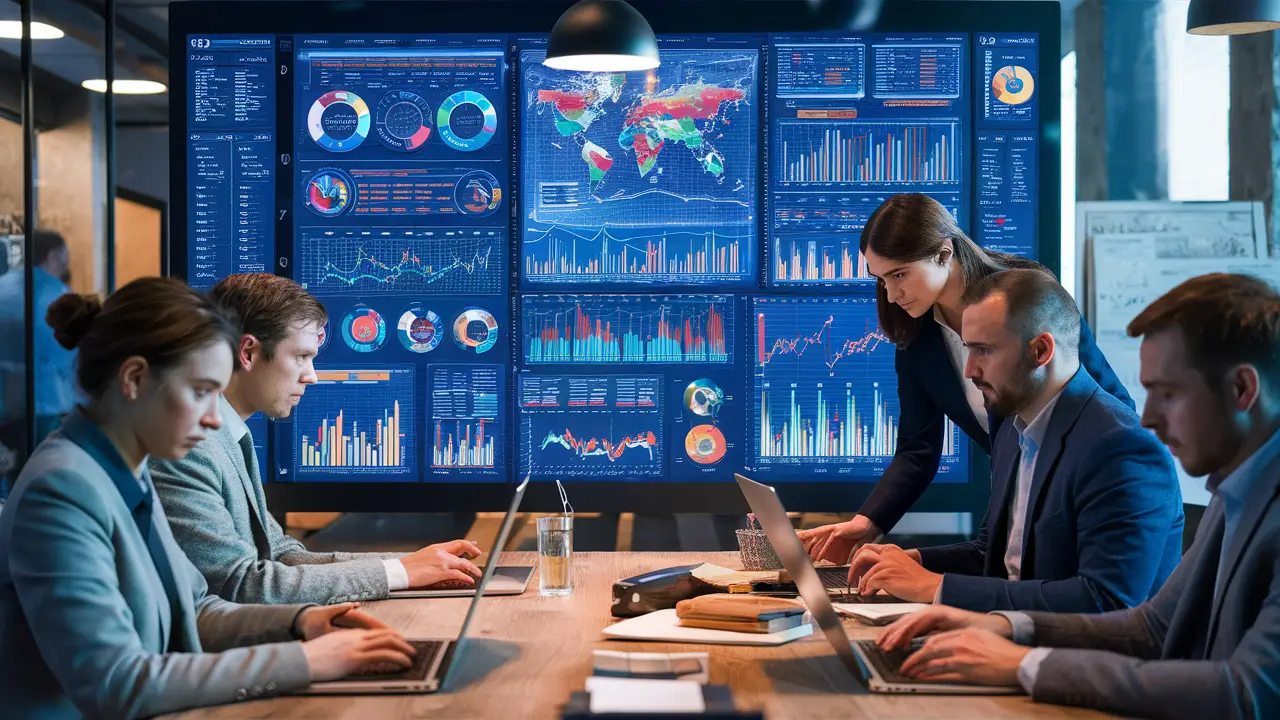 Painel digital em escritório moderno mostrando gráficos coloridos, pessoas analisando dados em laptops.