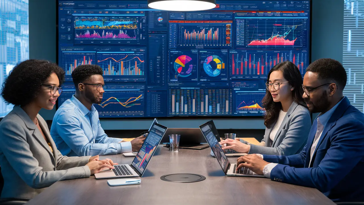 Equipe de quatro analistas em escritório moderno usando laptops com dashboards coloridos do Power BI.
