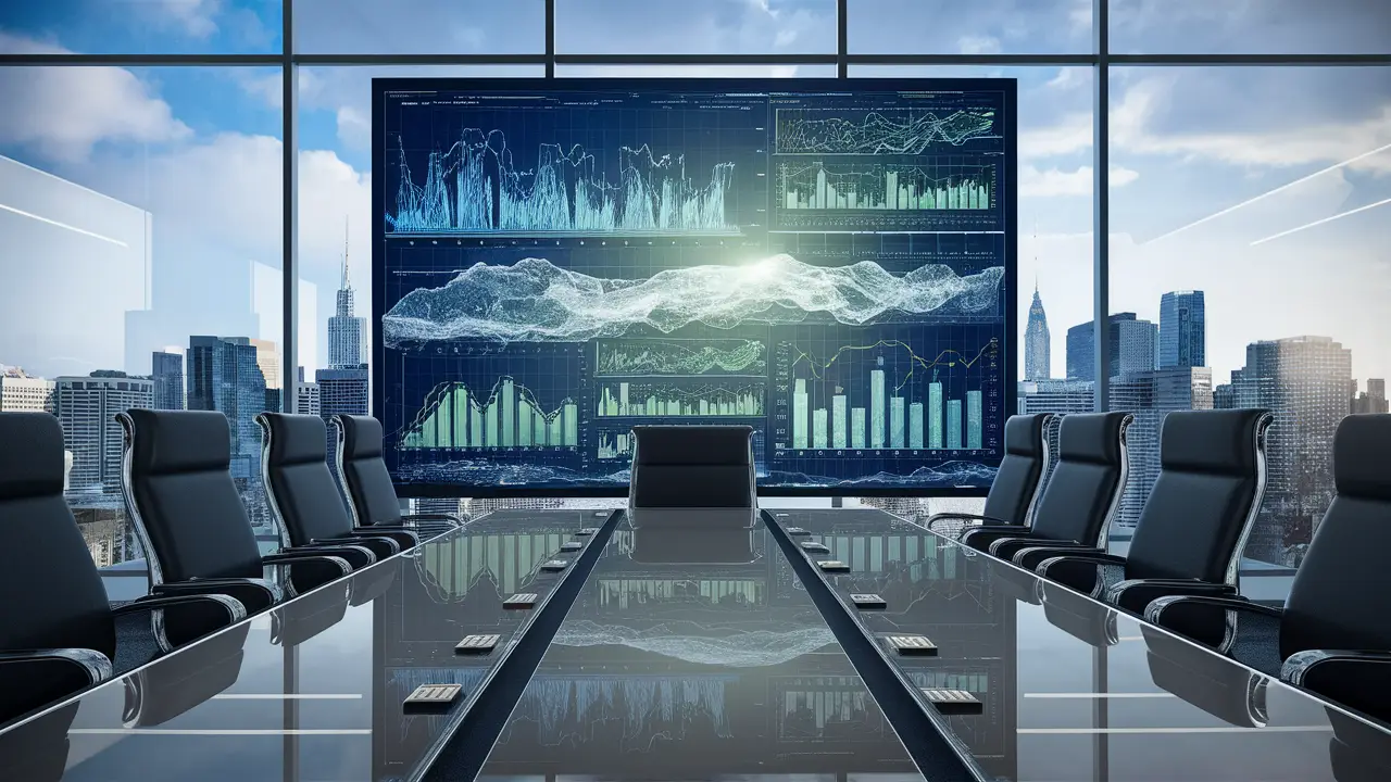 Sala de reunião moderna com mesa de vidro, cadeiras de couro pretas e tela digital com gráficos abstratos.