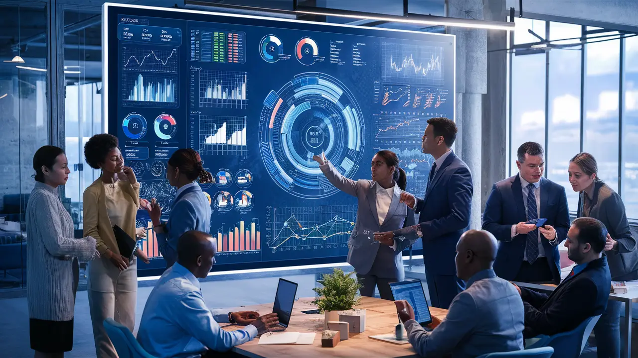 Pessoas discutindo em frente a uma tela grande exibindo um painel do Power BI com gráficos detalhados.