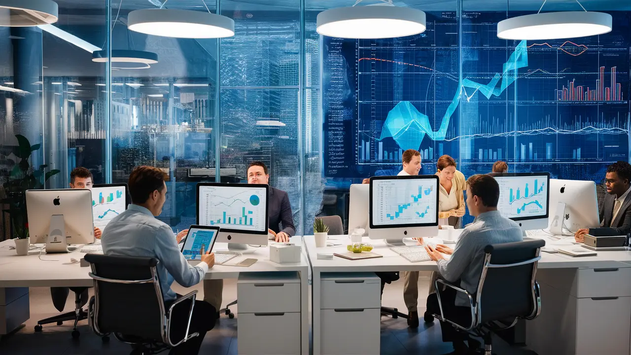 Funcionários trabalham em um escritório moderno com computadores, tablets e telas digitais mostrando gráficos.