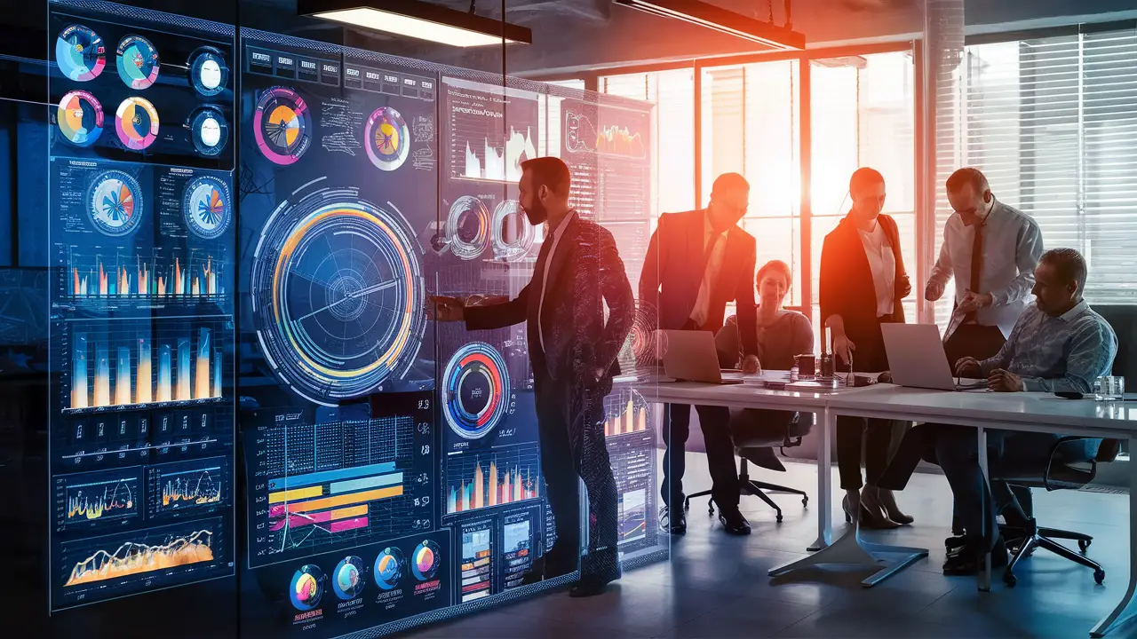 Profissionais diversos colaborando em um escritório moderno com painéis do Power BI em uma tela digital grande.