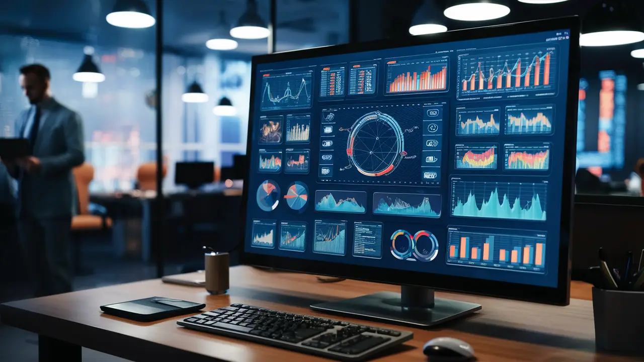 Painel digital moderno com gráficos e ícones coloridos em uma tela de computador no escritório.