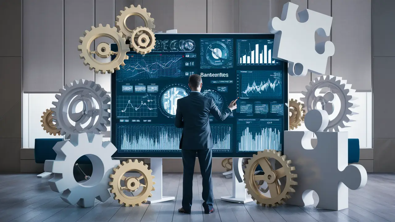 Profissional observando quadro digital com gráficos e peças de quebra-cabeça, simbolizando desafios em escritório moderno.