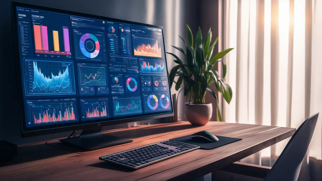 Monitor de computador exibindo um dashboard interativo colorido com gráficos, em uma mesa de madeira moderna.